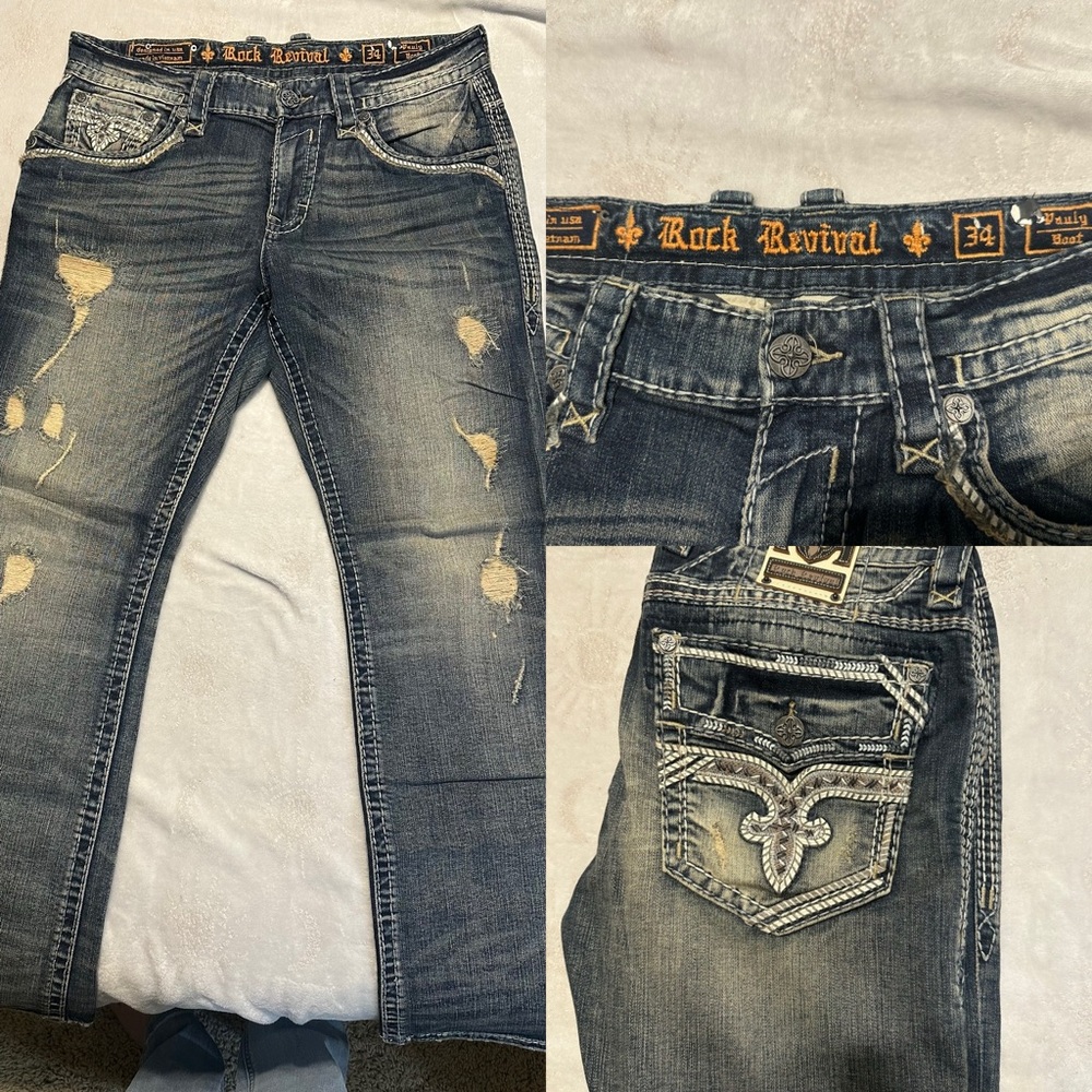 Rock Revival Blue Relaxed Jeans with Distressed Finish